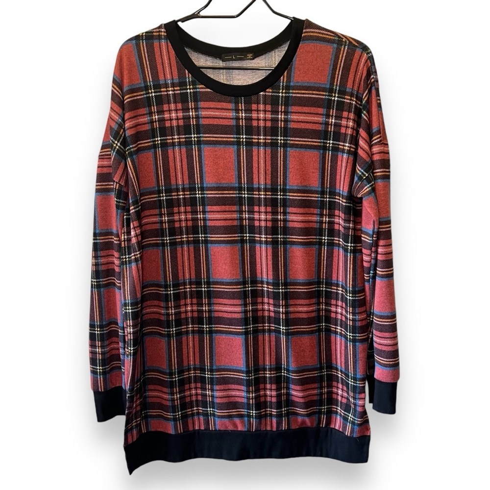 Women Long Sleeve Plaid Casual Top Crew Neck Sweatshirt T-shirt Size Large